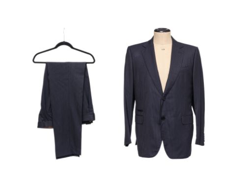 A BERLUTI 'BRERA' NAVY STRIPED SUIT
Single breasted jacket with two horn buttons, 'Drop 8' fit with constructed shoulders, tw
