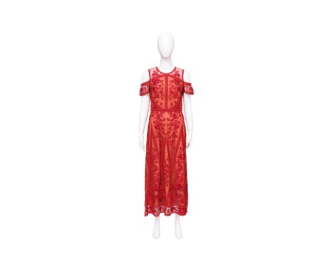 A MARCHESA NOTTE RED GUIPURE LACE DRESS
With cold-shoulder sleeves, sheer bodice, fitted waist, and scalloped hem, keyhole bu