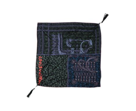 A LOUIS VUITTON X STEPHEN SPROUSE SCARF
Featuring an allover print with trompe-l'œil military-inspired detailing, contrasted 