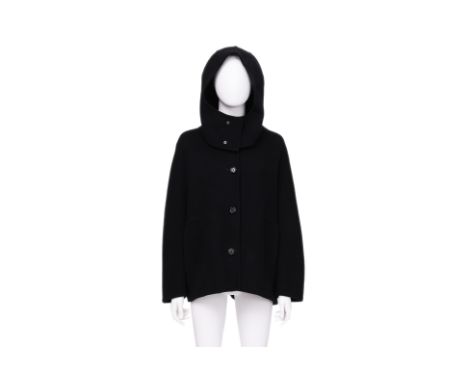 A MARNI BLACK WOOL COAT WITH DETACHABLE HOOD
Font button fastening, two side welt pockets, dropped shoulders, and a straight 