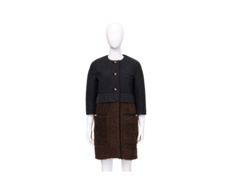 A LOUIS VUITTON COLLARLESS TWO-TONE WOOL COAT Grey wool upper with a contrasting teddy wool lower panels and oversized pocket