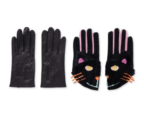 TWO PAIRS OF DESIGNER LEATHER GLOVES
Including a Tsumori Chisato pair in black suede with plush cat face appliqué, contrast p