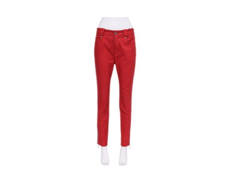 A PAIR OF LOUIS VUITTON RED DENIM PANTS
With exaggerated front belt loops, ankle zips, and belt loops
Size 38
Ownership State