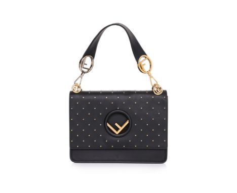 A FENDI VITELLO CENTURY BLACK LEATHER SHOULDER BAG
Black leather with gold-tone stud embellishments, circular cutout logo pla