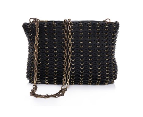 A PACO RABANNE '1969' SHOULDER BAG
Black interwoven leather discs with gold-tone metal rings, dual chain-link shoulder straps