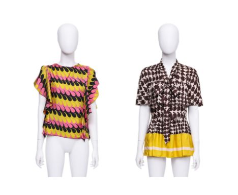 TWO MARNI PRINTED BLOUSES
Including a multicolored sleeveless with a wavy optical print, ruffled cap sleeves, and a concealed