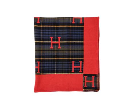 AN HERMÈS AVALON TARTAN THROW Reversible design, featuring a plaid jacquard pattern with signature "H" motifs throughout W 13