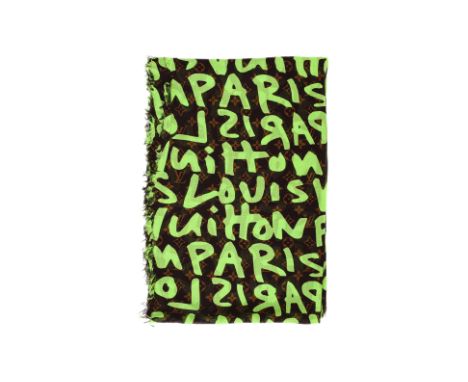 A LOUIS VUITTON X STEPHEN SPROUSE VERT GRAFFITI SCARF
Signature monogram motif layered with a fluorescent graffiti print
W 65