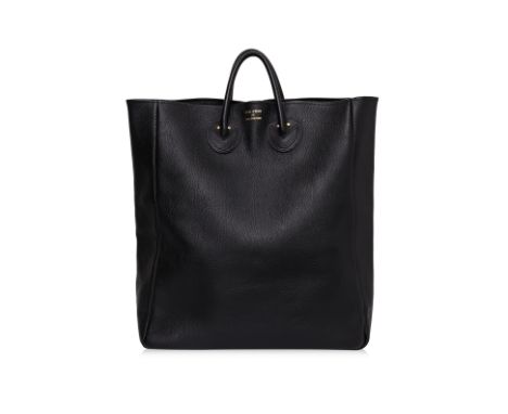 A LARGE YOUNG & OLSEN LEATHER TOTE BAG
Black pebbled leather, two rolled leather handles with reinforced stitching, gold foil