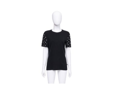 A LOUIS VUITTON BLACK KNIT TOP WITH STUDDED SLEEVES BY NICOLAS GHESQUIÈRE
With. polished metal dome stud embellishments at sl