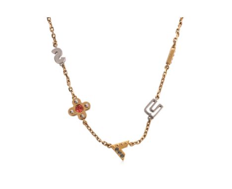 A PAIR OF LOUIS VUITTON NECKLACES
Gold-tone long station necklace featuring multicolored resin beads, enamel LV motifs, and a
