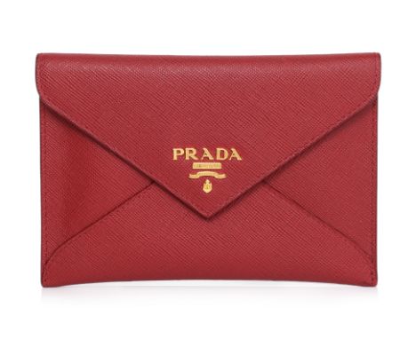 A PRADA RED ENVELOPE WALLET Saffiano leather featuring a gold-tone Prada Milano logo plaque, snap button closure, rear zip po