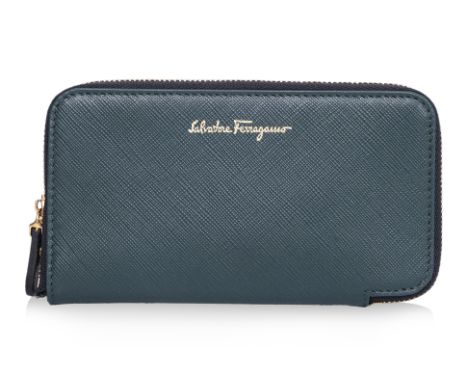 A SALVATORE FERRAGAMO DARK GREEN ZIP-AROUND WALLET
'Petrolio Pebble' leather featuring gold-tone hardware, a leather-lined in