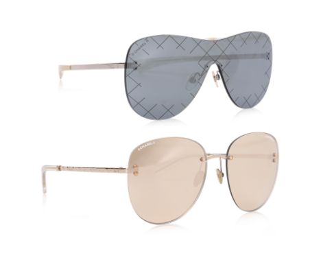 TWO PAIRS OF CHANEL MIRRORED SUNGLASSES Including a pair of rimless aviators with gold mirrored lenses, a lightweight metal b