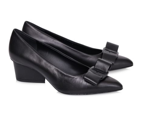 A PAIR OF SALVATORE FERRAGAMO 'VIVA 55' BLACK PUMPS
Lambskin upper with bow detail, pointed toe and wedge heel, accompanied b