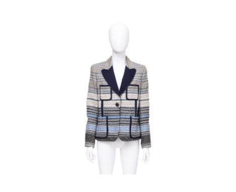 A LOUIS VUITTON TWEED STRIPED BLAZER Tweed blazer with multicolored horizontal stripe pattern in shades of blue, contrasting 