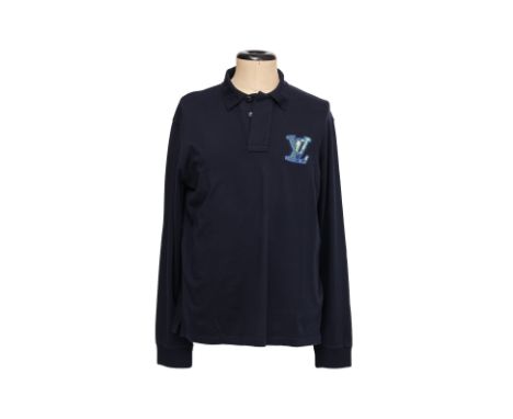 A LOUIS VUITTON NAVY LONG-SLEEVE POLO BY VIRGIL ABLOH
Featuring a spread collar and concealed placket and embroidered LV logo