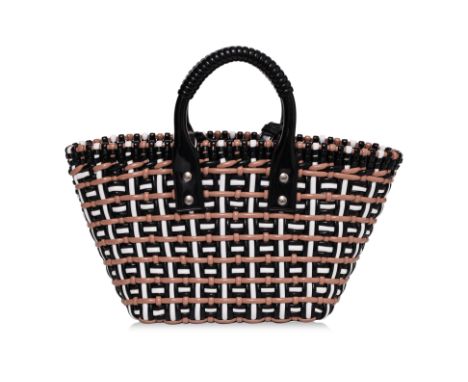 A BALENCIAGA XS BISTRO BASKET TOTE
Woven faux-leather with an all-over basket weave in black, beige and white, open top desig