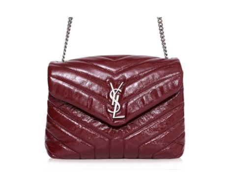 A SAINT LAURENT BURGUNDY SMALL LOULOU CHAIN BAG
Chevron quilted patent leather, 'YSL' monogram logo, silver tone hardware, bl