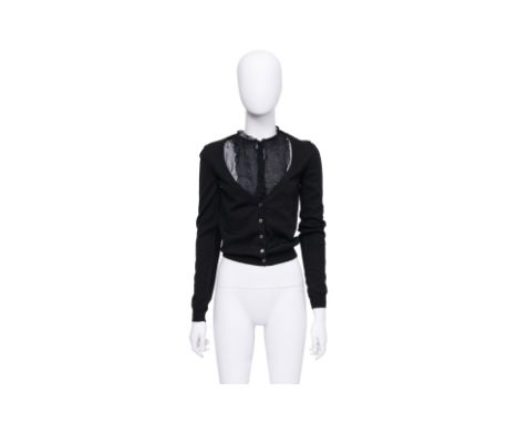 A MIU MIU BLACK KNIT CARDIGAN
With a sheer layered chiffon bib, featuring ruched detailing at the neckline and a button-down 
