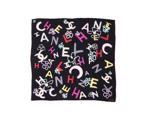 A CHANEL ALL OVER SPELLOUT PRINT SCARF
Multicolor graffiti-style lettering, interlocking CC logos, and floral motifs througho
