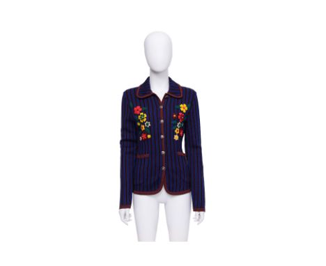 A KENZO JUNGLE STRIPED CARDIGAN Circa 1990's, detailed with felt floral appliqués, contrast trim, patch pockets, and decorate
