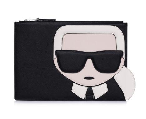 A KARL LAGERFELD 'IKONIK' CLUTCH AND TOTE BAG
Textured faux leather with embossed 'IKON' Karl Lagerfeld motif, top zip closur