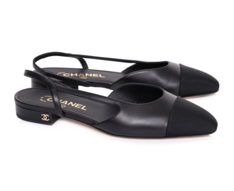 A PAIR OF CHANEL LEATHER SLINGBACKS
Lambskin with grosgrain cap toe, elasticized back strap, low block heel with CC logo deta
