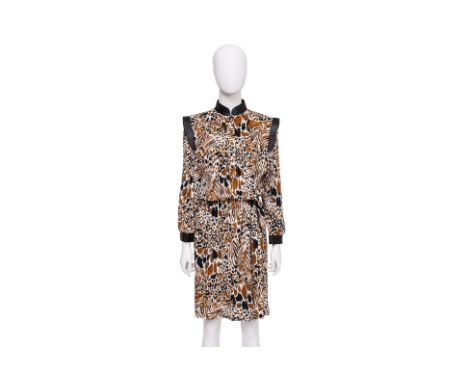 A LOUIS VUITTON JUNGLE PRINT DRESS BY NICOLAS GHESQUIERE
Featuring an allover print, mandarin collar, leather-trimmed epaulet