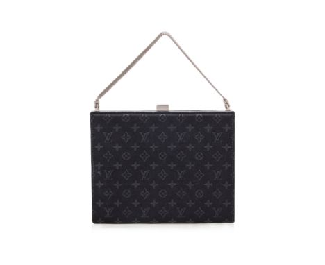 A LOUIS VUITTON BLACK MONOGRAM SATIN ANGE MM
Silver-tone hardware with a chain-link handle and push-lock closure at top, leat