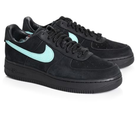 A PAIR OF NIKE X TIFFANY & CO. AIR FORCE 1 '1837' IN BLACK SUEDE
Tiffany blue swoosh and Tiffany logo to the tongue, foam mid