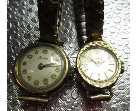 Ladies Timor 9ct gold cased wristwatch, three piece case on later gold plated expanding bracelet, case back  hallmarked .375,