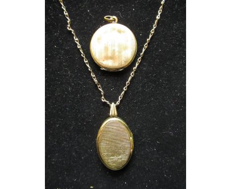 Rolled yellow gold locket with bright cut front on yellow metal chain, and another rolled gold locket with engine turned deco