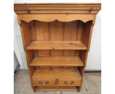 Small three tier pine wall shelf, moulded cornice and two spice drawers, W63cm D26cm H95cm 