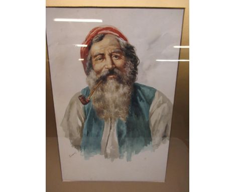 Gianni (Italian C20th): Head and shoulder portrait of a bearded man in blue waistcoat and red head covering smoking a pipe, w