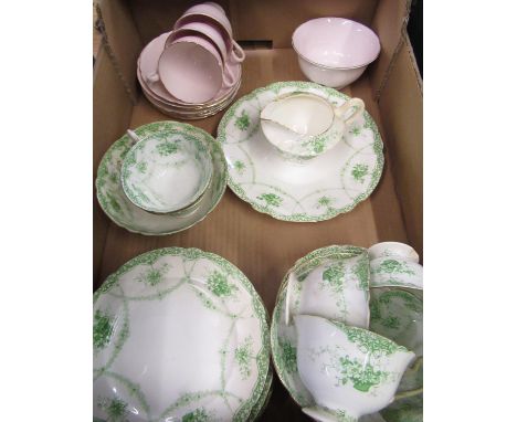 Foley China and Shelley green transfer printed part tea service, six cups, twelve saucers and eleven plates, milk, sugar and 