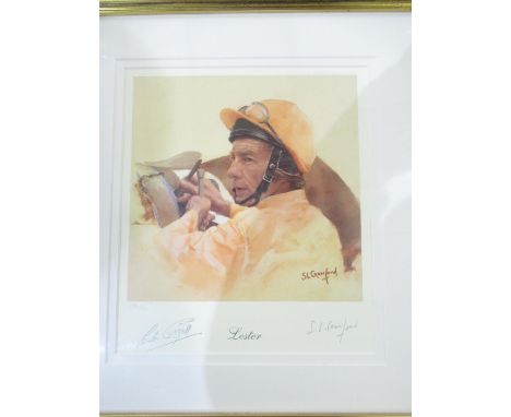 After S L Crawford (Contemporary); Champion jockey Lester Piggot Ltd ed. colour print No 1186/1500, signed by both in pencil 