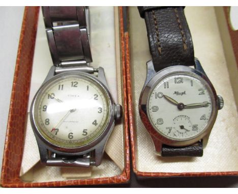 1950 Timex waterproof hand wound wrist watch, stainless steel case on expanding bracelet, vintage Kienzle hand wound wrist wa