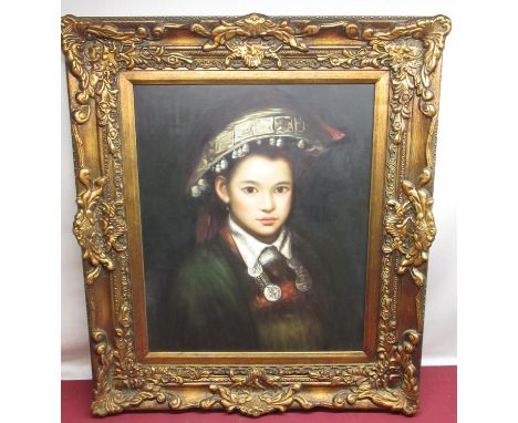 Canvas print head and shoulder study of an Eastern boy, 60cm x 49cm in gilt frame 