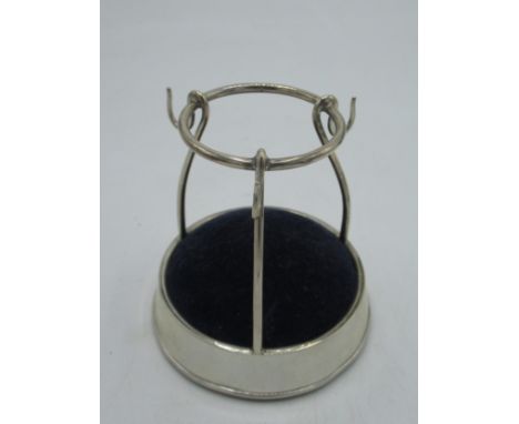 Geo.V hallmarked Sterling silver hat pin stand with ring hooks, and blue velvet cushion by William Neale &amp; Son Ltd, Birmi