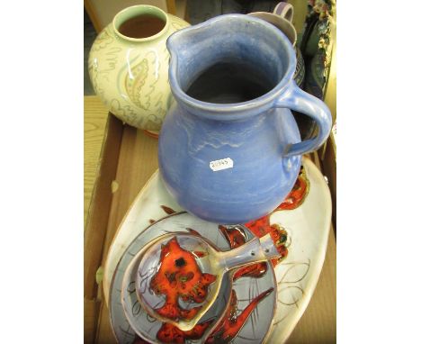 Large C H Branham pottery jug, impressed marks H29cm, 1950's Wade globular vase decorated with leaves, Poole pottery jug (A/F