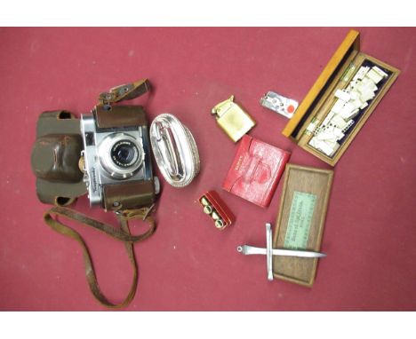 Voigtlander Vito B SLR camera in leather case, set of bone dominoes in box with case, Spellicans game in slide top box, minia