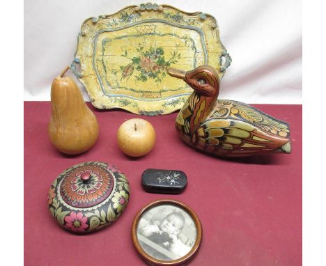 Victorian mother of pearl papier mache snuff box, treen turned apple and similar ash pear, two continental painted tureens wi