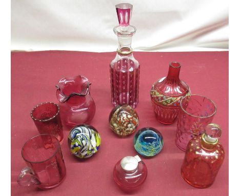 Collection of C19th and later red overlaid and cranberry glass ware incl. oil bottles, beakers, rosebowl, EP mounted inkwell 