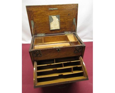 Edwardian golden oak correspondence box with hinged forward opening envelope compartment and simultaneously opening top with 