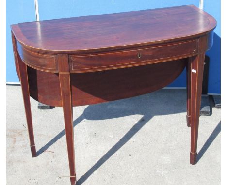 Geo. III satinwood cross banded mahogany folding D shaped double gate action folding tea table with frieze drawer on square t