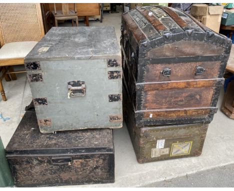 C20th metal bound wooden strapwork dome top travel trunk W82cm D48cm H58cm, two metal bound trunks and a Japanned metal trave