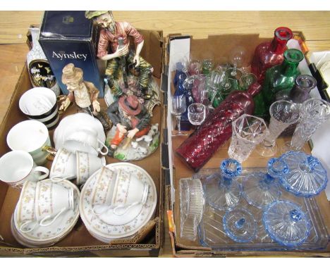 Wedgwood Angela dressing table ceramics, two Royal Worcester egg coddlers, 1930's blue glass six piece dressing table set, Ca