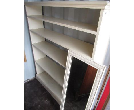 Vintage white painted four tier bookcase with moulded cornice on plinth base W126cm x D28cm x H115cm and white painted framed