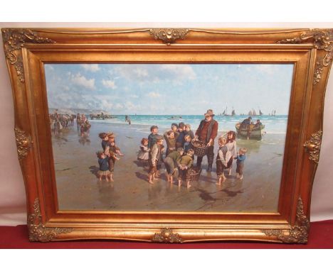 After John Groves (British b.1937); Inspecting The Catch, colour print, 50cm x 75cm 